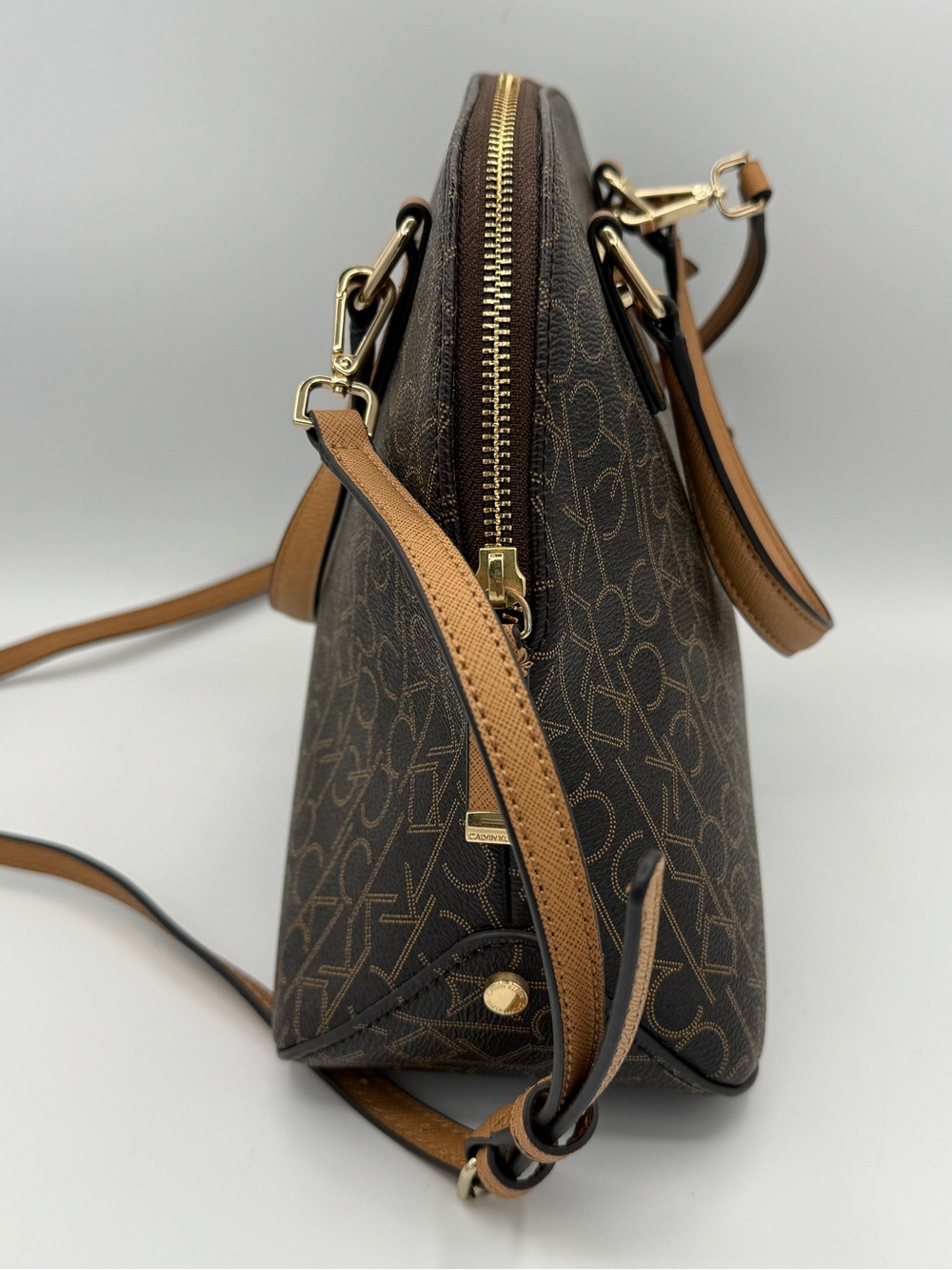 Calvin Klein Signature Dome Satchel- Brown Monogram Pattern with Tan Trim - Picture 5 of 14